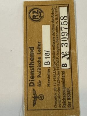 Original Third Reich RZM Political Leader Uniform Label