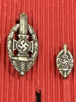 NSKOV membership badge with miniature stickpin, front view showing both emblems.