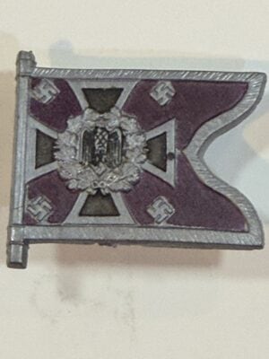 WHW Nebeltruppe flag badge reverse showing NEBELTRUPPE and 1 Sa markings with metal pin fitting.
